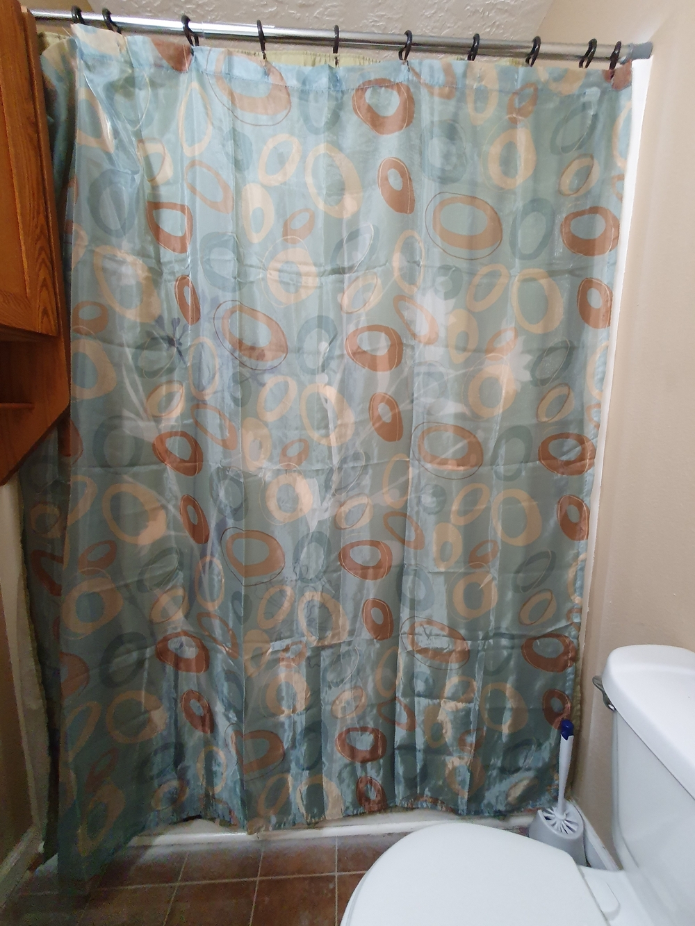 Bathroom Shower Curtain - Aqua with Tan Ring Pattern